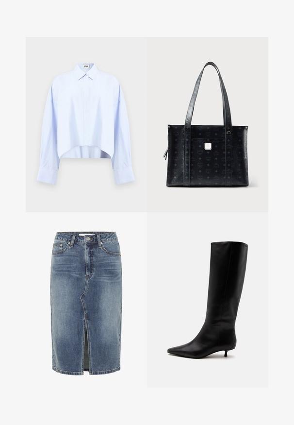 Lyseblå langærmet cropped skjorte med klassisk krave, skjult knaplukning og sænkede skuldre mod en ensfarvet baggrund.; Blå denim nederdel i knælængde med central slids foran, fem-lomme design og knaplukning i taljen.; Sort læder knæhøj støvle med spids snude og lav kittenhæl mod en ensfarvet lys baggrund.; Sort læderstor taske med tekstureret finish, med et gentaget logomønster, lange håndtag og en sølvfarvet hardware-detalje.