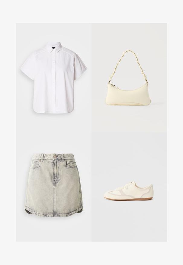 Camisa blanca de manga corta con botones, cuello con puntas y dobladillo curvado. Fabricada en algodón con una textura suave y sin patrones visibles.; Falda de denim en gris claro con textura desgastada, que cuenta con una cinturilla abotonada, bolsillos frontales y un dobladillo ligeramente curvado.; Zapatillas de color crema con parte superior de ante y tela, puntera redondeada y suela de goma con un detalle en beige. Diseño con cordones.; Bolso pequeño de color crema con forma curva y asa de cadena trenzada en tono dorado, cierre con cremallera en la parte superior