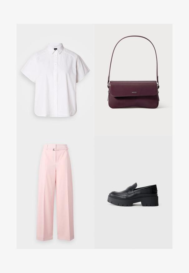 Camisa blanca de manga corta con botones, cuello con puntas y dobladillo curvado. Fabricada en algodón con una textura suave y sin patrones visibles.; Pantalones de pierna ancha en rosa suave, con cintura alta, cinturón con hebilla plateada y pliegues sutiles para añadir estructura.; Mocasín negro con plataforma gruesa, parte superior de cuero suave, tira decorativa y suela gruesa texturizada sobre fondo blanco.; Bolso de cuero burdeos con un diseño estructurado, que cuenta con un cierre de solapa y una correa ajustable. Detalle del logotipo grabado en la parte frontal.