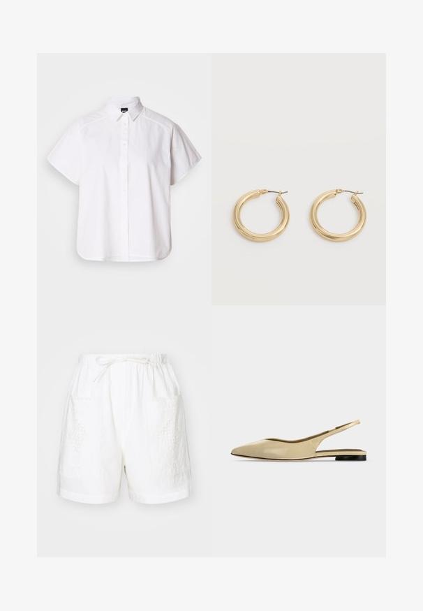 Camisa blanca de manga corta con botones, cuello con puntas y dobladillo curvado. Fabricada en algodón con una textura suave y sin patrones visibles.; Pantalones cortos de algodón blancos con una cintura elástica, cordón de ajuste y dos bolsillos delanteros que presentan intrincados diseños bordados.; Zapato plano beige con puntera puntiaguda, diseño slingback, tacón bajo negro y acabado en cuero liso, mostrado de perfil sobre un fondo liso.; Par de pendientes gruesos de aro dorados y brillantes con postes de metal sobre un fondo gris claro.