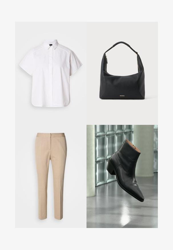 Chemise blanche à manches courtes, à boutons, avec un col pointu et un ourlet arrondi. Fabriquée en coton, elle possède une texture lisse et sans motifs visibles.; Pantalons beige ajustés en tissu texturé, coupe slim, taille mi-haute et design à jambes droites. Fermeture à bouton et zip à l'avant.; Bottine en cuir noir avec un bout pointu et un talon carré lévitant au-dessus d'un sol gris réfléchissant près d'un mur en blocs de verre.; Sac à épaule en cuir noir avec anse tressée, détail de fermeture éclair dorée et petit logo "HUGO" doré au centre à l'avant.