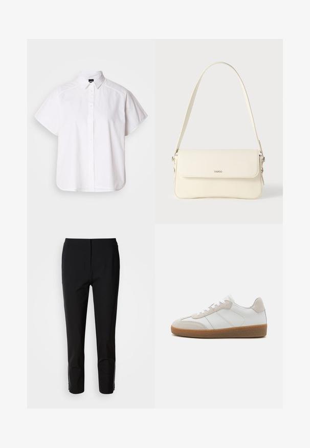 Chemise blanche à manches courtes, à boutons, avec un col pointu et un ourlet arrondi. Fabriquée en coton, elle possède une texture lisse et sans motifs visibles.; Un pantalon noir avec une coupe droite, fabriqué en tissu lisse. Présente des accents zippés sur les côtés inférieurs. Un style épuré et minimaliste.; Baskets en cuir blanc avec des accents en suède beige, languette texturée et semelle en caoutchouc. Elles sont dotées de lacets blancs et de détails couture subtils.; Sac à bandoulière en cuir couleur crème avec fermeture à rabat, quincaillerie argentée, une bandoulière réglable et un logo discret.