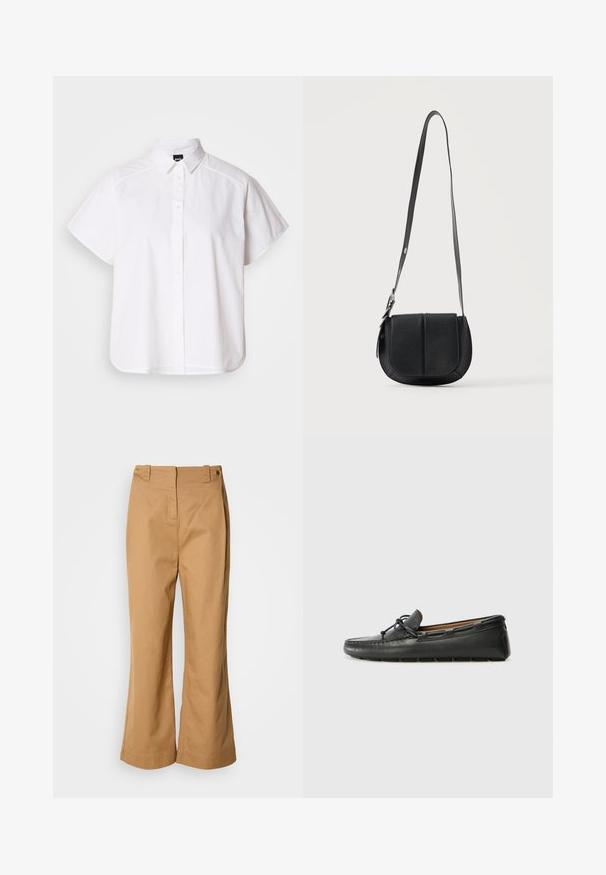 Chemise blanche à manches courtes, à boutons, avec un col pointu et un ourlet arrondi. Fabriquée en coton, elle possède une texture lisse et sans motifs visibles.; Pantalon à jambes larges en tissu de coton beige, doté d'une taille haute, de deux boutons dorés et d'une texture lisse. Aucun motif ou accent visible.; Bateau en cuir noir avec un bout arrondi, des détails de couture, un petit accent en nœud et une semelle en caoutchouc. Texture lisse et design épuré.; Sac bandoulière en cuir noir texturé avec fond arrondi, rabat avant et bandoulière réglable avec boucle métallique.