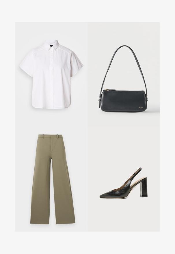 Camisa blanca de manga corta con botones, cuello con puntas y dobladillo curvado. Fabricada en algodón con una textura suave y sin patrones visibles.; Pantalones de pierna ancha en oliva claro con una textura suave, con cremallera frontal, cinturilla con trabillas y dos bolsillos laterales.; Zapato slingback de piel negra con puntera puntiaguda, tacón alto y ancho, y forro interior beige sobre un fondo claro y liso.; Bolso de hombro rectangular de cuero negro con cremallera dorada y pequeño logo dorado "HUGO" en el frente, con una correa ajustable con hebilla.