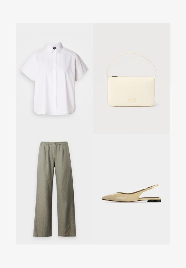 Camisa blanca de manga corta con botones, cuello con puntas y dobladillo curvado. Fabricada en algodón con una textura suave y sin patrones visibles.; Samsøe Samsøe SATOVE TROUSERS - Pantalones - vetiver; Zapato plano beige con puntera puntiaguda, diseño slingback, tacón bajo negro y acabado en cuero liso, mostrado de perfil sobre un fondo liso.; Bolso rectangular color crema con una sola correa y cremallera superior, con una pequeña placa de logotipo en relieve en el frente.