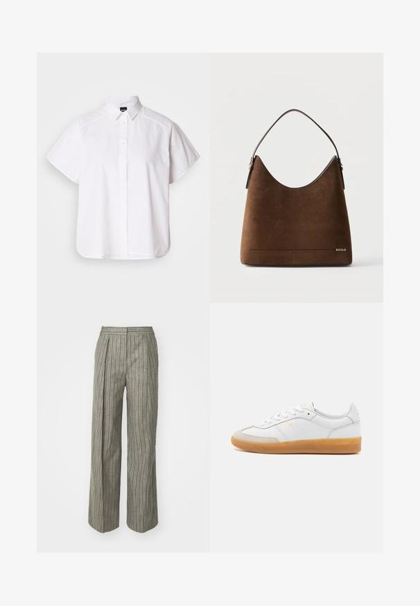 Camisa blanca de manga corta con botones, cuello con puntas y dobladillo curvado. Fabricada en algodón con una textura suave y sin patrones visibles.; Pantalones de pierna ancha a rayas grises con plisados, tejido texturizado, cintura alta y diseño confeccionado. Apta para uso casual o formal.; Zapatilla de cuero blanca con acentos de ante beige, suela de goma y diseño de cordones. Presenta un sutil logo en dorado.; Bolso de mano de ante marrón con una sola asa, borde superior curvado y pequeño logo metálico "HUGO" en la parte inferior derecha del frente.