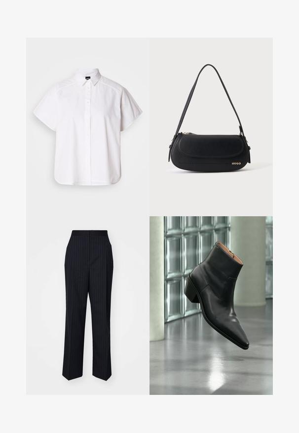 Chemise blanche à manches courtes, à boutons, avec un col pointu et un ourlet arrondi. Fabriquée en coton, elle possède une texture lisse et sans motifs visibles.; Pantalons bleu marine avec des rayures blanches verticales, coupe droite, taille intermédiaire et texture de tissu lisse.; Bottine en cuir noir avec un bout pointu et un talon carré lévitant au-dessus d'un sol gris réfléchissant près d'un mur en blocs de verre.; Sac à épaule en cuir noir avec rabat incurvé, logo doré "HUGO" sur le devant, et une bandoulière réglable.
