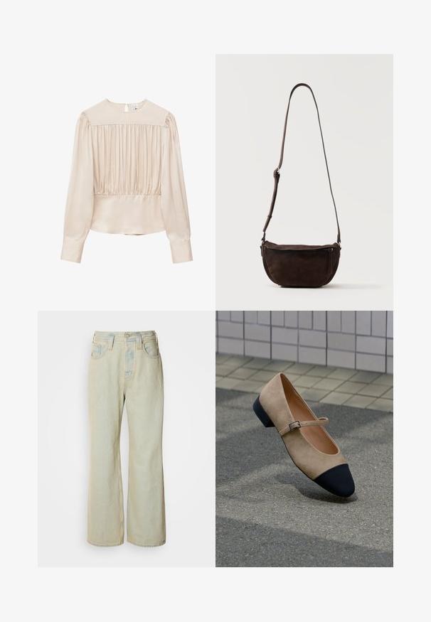 Blouse beige à manches longues avec détails froncés à l'avant, col rond, fermeture boutonnée dans le dos et larges poignets.; Jean large bleu clair en denim, avec une taille haute, cinq poches, et un léger délavage avec des accents de couture contrastante.; Chaussure Mary Jane en daim beige avec embout rond noir et petite bride à boucle, présentée sur une surface extérieure pavée.; Sac bandoulière en daim marron foncé avec une sangle réglable et une poche zippée à l'avant, posé sur un fond clair uni.