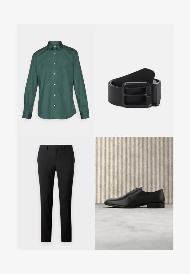 Grøn button-up skjorte lavet af glat stof, med klassisk krave, lange ærmer og hvide knapper langs fortil. Ingen mønstre.; Skræddersyede sorte bukser i et glat stof. Har et lige ben-design, frontfald og bæltestropper til justerbar størrelse.; Sorte læderdressko med et elegant design, rund tå, fem snøre-læseøjer og en lille hæl. Diskret prægede logo-detaljer.; Sort læderbælte med en mat sort metalspænde, der har en flad, glat overflade og en spids ende. Enkel design uden udsmykninger.