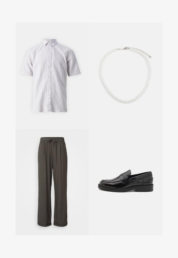 Chemise à manches courtes boutonnée en rayures verticales lilas et blanches. La texture du tissu semble légèrement froissée. Elle possède un col classique.; Pantalons larges gris foncé avec taille à cordon, fabriqués dans un tissu doux et texturé, présentant des ourlets retroussés aux chevilles.; Mocassins en cuir noir avec une finition lisse, un bout rond, un petit talon et descoutures décoratives à l'avant. Semelle en caoutchouc pour l'adhérence.; Collier en perles blanches avec une forme ronde uniforme, surface lisse et fermoir en métal avec une chaîne d'extension pour une longueur ajustable.