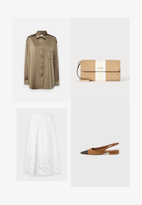Chemise à manches longues vert olive en tissu lisse avec un col, des boutons sur le devant, une poche poitrine unique et une coupe décontractée.; Jupe midi blanche avec taille élastique et broderie florale à œillets le long de l'ourlet festonné.; Chaussure slingback en daim marron avec un bout pointu noir, dotée d'un petit talon empilé et d'un côté ouvert pour la respirabilité.; Pochette beige Michael Kors avec motif logo marron, bande blanche centrale, plaque logo dorée et bracelet amovible sur fond blanc.