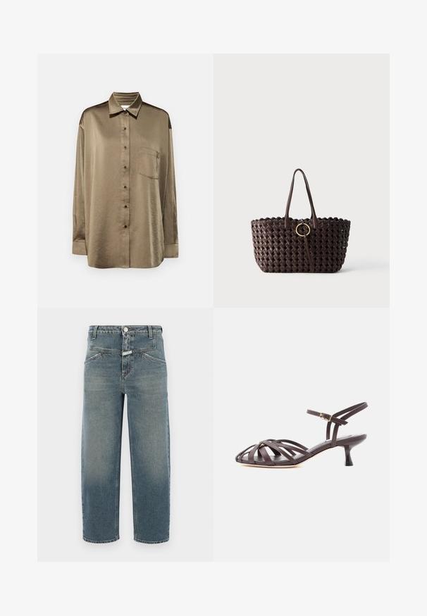 Olivengrønt langærmet skjorte i glat stof med krave, frontknapper, enkelt brystlomme og en afslappet pasform.; CLOSED STOVER X - Jeans Tapered Fit - mid blue; Mørkebrun læder sandal med smalle remme, kitten heel og justerbar ankelrem med spænde på hvid baggrund.; Mørkebrun flettet tote taske med to håndtag og en gylden cirkulær spænde detalje i midten mod en ensfarvet baggrund.
