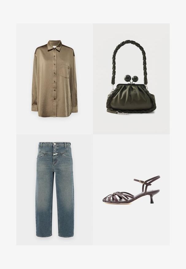 Olivengrønt langærmet skjorte i glat stof med krave, frontknapper, enkelt brystlomme og en afslappet pasform.; CLOSED STOVER X - Jeans Tapered Fit - mid blue; Mørkebrun læder sandal med smalle remme, kitten heel og justerbar ankelrem med spænde på hvid baggrund.; Olivengrøn læderhåndtaske med flettet håndtag og sølvhardware, med en samlet design og runde låsedetaljer på toppen.