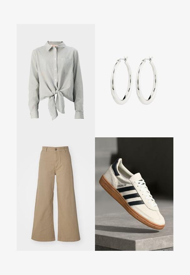 Grün-weiß gestreifte Bluse mit Knopfleiste, vorne mit einem Gürtel, langen Ärmeln und einer Brusttasche. Hergestellt aus leichtem Stoff.; Khakifarbene weite Baumwollhosen mit einem Vorderknopfverschluss, Gürtelschlaufen und einer glatten, matten Oberfläche.; Weiße Wildleder-Sneaker mit marineblauen Streifen, Gummisohle, strukturiertem Obermaterial, runder Zehenform und Schnürung; mit Branding an der Seite und auf der Zunge.; Silberne Creolen mit einer glatten, glänzenden Oberfläche. Kreisform, ausgestattet mit einem sicheren Verschluss. Einfaches und elegantes Design.