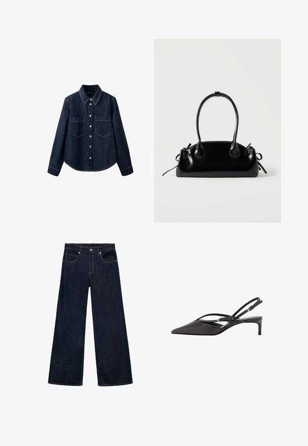 Donkerblauw denimoverhemd met lange mouwen, knoopsluiting aan de voorkant, twee borstzakken en zichtbare witte stikseldetails.; Donkerblauwe denim wijde jeans met een hoge taille, voorzien van vijf zakken, metalen knoopsluiting en zichtbare stikselaccenten.; Zwarte leren slingback pump met een spitse neus, slanke enkelbandjes en een lage stilettohak. Gladde textuur met een minimalistisch ontwerp.; Kleine zwarte glanzende handtas met twee lange hengsels en zijkant trekkoord details op een effen lichte achtergrond.