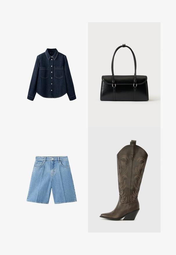 Chemise en denim bleu foncé à manches longues, fermeture à boutons sur le devant, deux poches poitrine, et coutures blanches visibles.; Shorts en jean bleu clair avec poches avant, passants pour ceinture, fermeture par bouton et coupe jusqu'aux genoux, sur fond blanc.; Botte de cowboy en cuir marron avec un embout pointu, un talon compensé et des broderies décoratives. Dispose d'un long tige et d'une languette de tirage.; Sac à main rectangulaire en cuir noir avec fermeture à rabat et deux longues anses sur fond blanc uni.