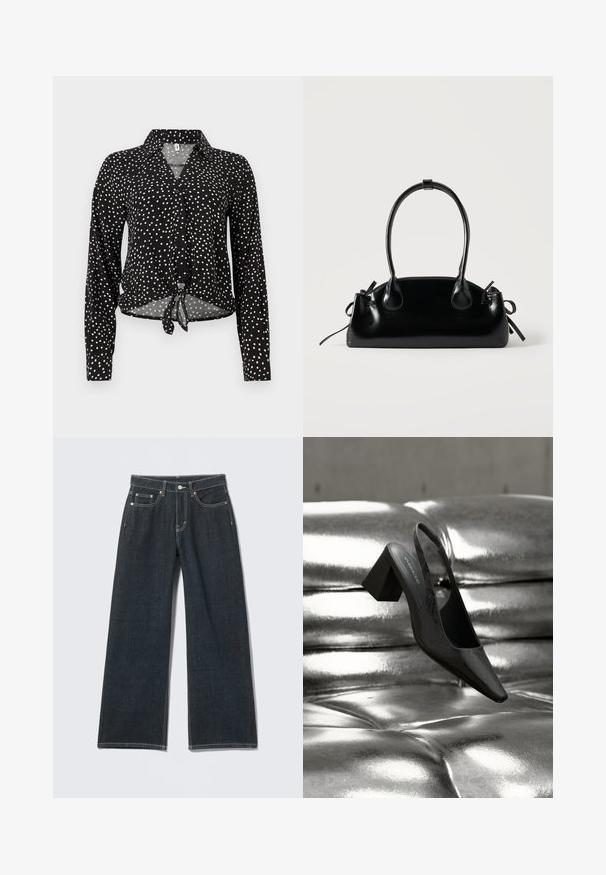 Zwart overhemd met lange mouwen en witte polkadots, met een kraag en een strik aan de voorkant bij de zoom.; Donkerblauwe jeans met wijde pijpen, knoopsluiting aan de voorkant, rits, lussens voor riem en vijf zakken, tegen een lichte effen achtergrond.; Zwarte slingback hak met een puntige neus, voorzien van een getextureerd oppervlak en een stevige blokhak. Geplaatst tegen een glanzende, metallic achtergrond.; Kleine zwarte glanzende handtas met twee lange hengsels en zijkant trekkoord details op een effen lichte achtergrond.