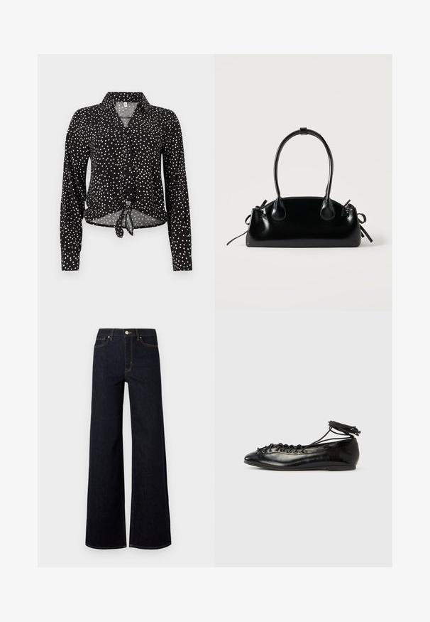 Chemise noire à manches longues avec boutons, motifs à pois blancs, col et lien à nouer à l'ourlet avant.; Jeans large en denim bleu foncé, avec une taille haute, des coutures contrastées et un unique bouton métallique à l'avant.; Ballerines en cuir verni noir avec un bout rond, un design à lacets et une semelle plate. Texture lisse avec peu de détails.; Petit sac à main noir brillant avec deux longues anses et des détails à cordon sur les côtés sur un fond clair uni.