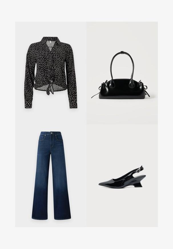 Zwart overhemd met lange mouwen en witte polkadots, met een kraag en een strik aan de voorkant bij de zoom.; Wide-leg donkerblauwe jeans van denim, met een hoge taille, vijf zakken en contrasterende stiksels langs de naden.; Zwarte lakleren slingback schoen met spitse neus en lage schuine blokhak op een effen lichte achtergrond.; Kleine zwarte glanzende handtas met twee lange hengsels en zijkant trekkoord details op een effen lichte achtergrond.