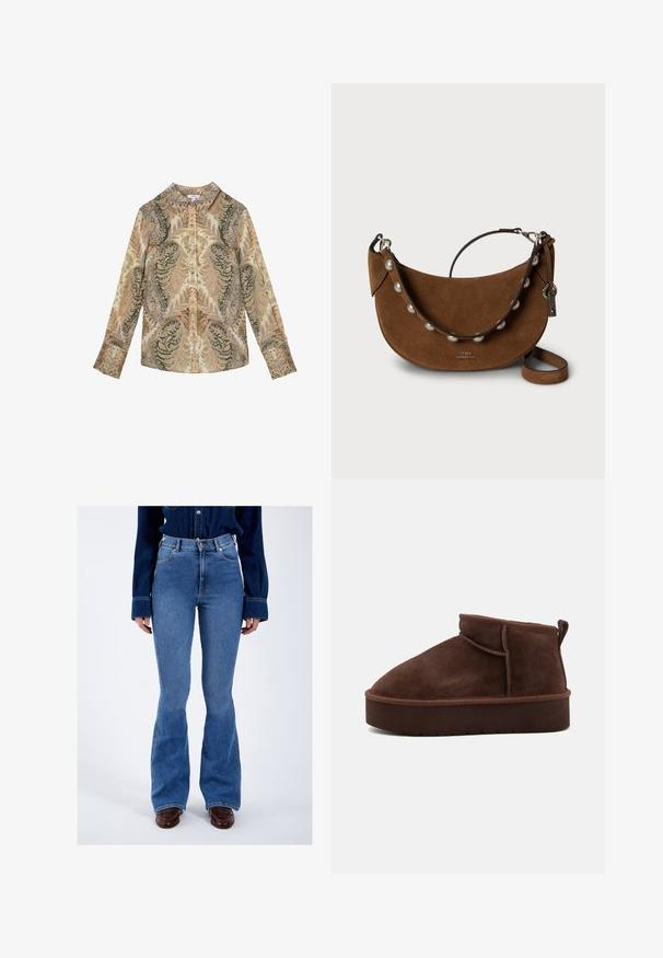 Overhemd met lange mouwen en knopen met een paisley patroon in beige, olijfgroen en gedempte paarse tinten, met een puntige kraag en knoopmanchetten.; Persoon die een hoog gerokte, lichtblauwe wijde jeans, een donkerblauw denim overhemd en bruine leren schoenen draagt, staand tegen een effen achtergrond.; Bruine suède enkellaars met een ronde teen, zachte textuur en een dikke plateauzool. Beschikt over een subtiele naaddetail en een achterste lus om aan te trekken.; Bruine suède handtas met een gebogen vorm, voorzien van een riem met parelaccent en verstelbare leren handgreep. Metalen beslag gebruikt voor sluitingen.