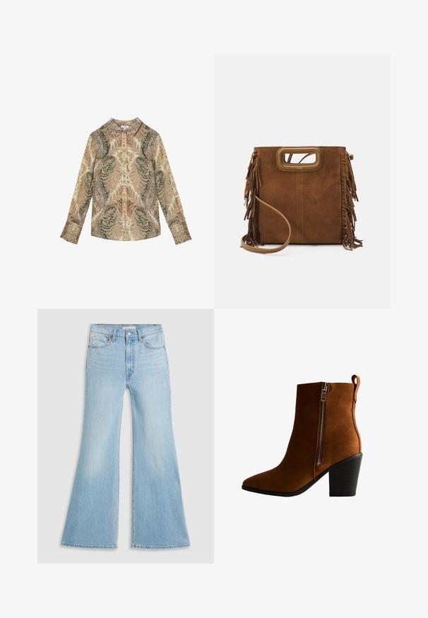Overhemd met lange mouwen en knopen met een paisley patroon in beige, olijfgroen en gedempte paarse tinten, met een puntige kraag en knoopmanchetten.; Lichtblauwe flared jeans met een hoge taille, gemaakt van denim. Kenmerkt zich door een klassiek vijf-pocket ontwerp en een raw hem aan de mouwen.; Bruine suède enkelboot met een spitse neus, een zijrits en een gestructureerde zwarte hak. Strakke lijnen en een slanke silhouet kenmerken het ontwerp.; Maje Handtas - camel