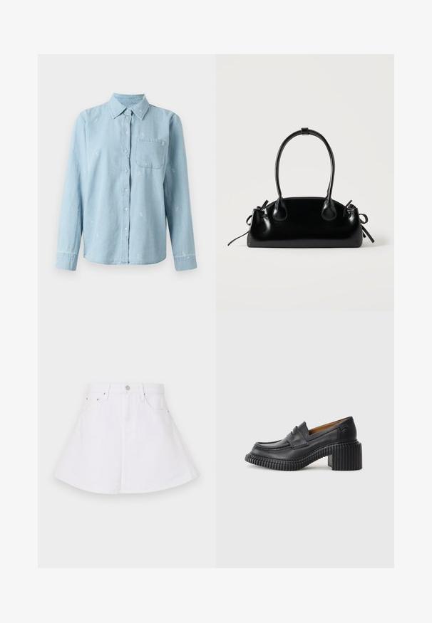 Lys blå denimskjorte med lange ærmer, knaplukning foran og brystlomme. Fint hvidt blomstermotiv broderet over stoffet.; Hvid denimnederdel med en flagrende design, der har en tætsiddende talje, fem lommer og en knaplukning foran. Glat tekstur.; Sorte læderloafers med en tyk, rillede gummihæl. Har en rund tå og et vandret rem over vamps. Tekstureret sål.; Lille sort blank håndtaske med to lange håndtag og snøre-detaljer i siden på en ensfarvet lys baggrund.