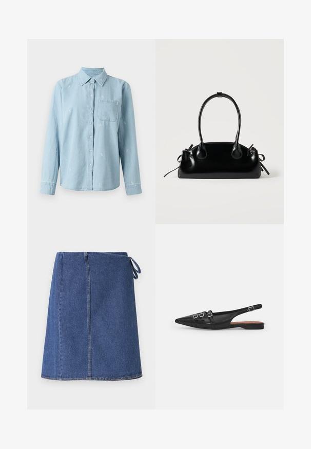 Lichtblauwe denimbloes met lange mouwen, knoopsluiting aan de voorkant en een borstzak. Heeft witte bloemenborduursel over de stof verspreid.; Denim wikkelrok in donkerblauw. Heeft een rechte snit, zichtbare stiksels en een zijsluiting voor aanpassing. Glad textuur en standaard zoomlijn.; Zwarte leren slingback ballerina met spitse neus, voorzien van twee horizontale bandjes en vierkante zilveren gespen, lage hak en een gladde textuur.; Kleine zwarte glanzende handtas met twee lange hengsels en zijkant trekkoord details op een effen lichte achtergrond.