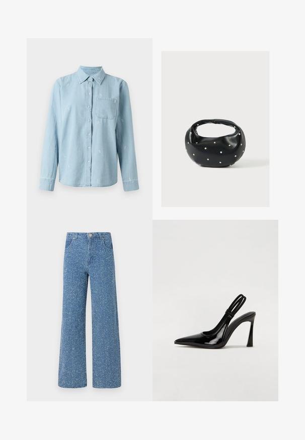Helles blaues Denim-Hemd mit langen Ärmeln, Knopfleiste und einer Brusttasche. Verfügt über weiße florale Stickereien über den Stoff.; Blaue Denim-Breitbeinerjeans mit einer gesprenkelten Textur, ausgestattet mit einem Knopfverschluss vorne, Gürtelschlaufen und zwei Vorder-Taschen.; Schwarze Lackleder Slingback-Pumps mit spitzem Zehenbereich, schlankem hohen Absatz und doppeltem elastischen Riemen für einen sicheren Sitz. Glatte, glänzende Oberfläche.; Schwarze Lederhandtasche mit abgerundeter Form, verziert mit silbernen Nietenakzenten und kurzem Griff. Glatte Struktur und Reißverschlussverschluss.