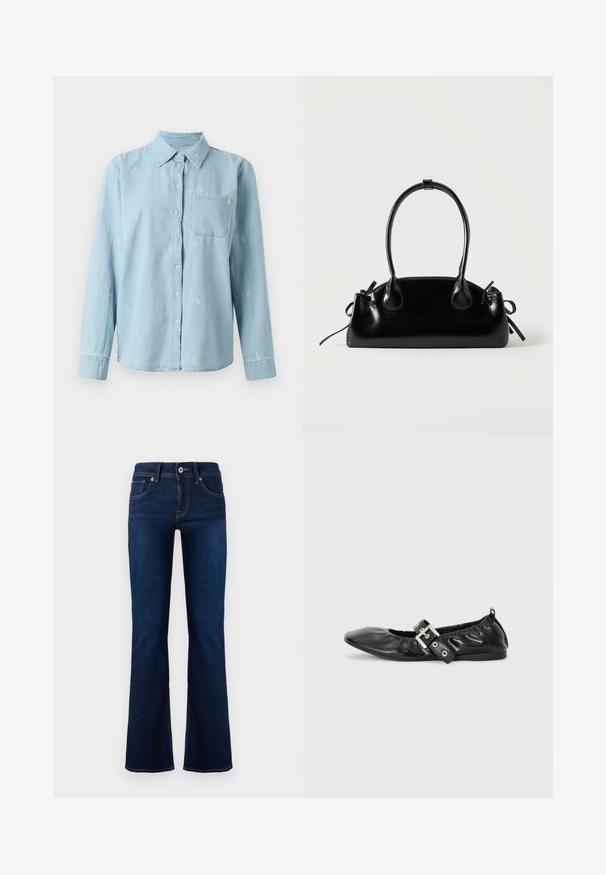 Lys blå denimskjorte med lange ærmer, knaplukning foran og brystlomme. Fint hvidt blomstermotiv broderet over stoffet.; Mørkeblå denim flared jeans med en mid-rise talje, forlommer og kontrasterende syninger. Har metalknaplukning og bæltestropper.; Sorte læder flade sko med spids tå, samling detaljer omkring åbningen, og en sølv spænde accent på den justerbare rem.; Lille sort blank håndtaske med to lange håndtag og snøre-detaljer i siden på en ensfarvet lys baggrund.