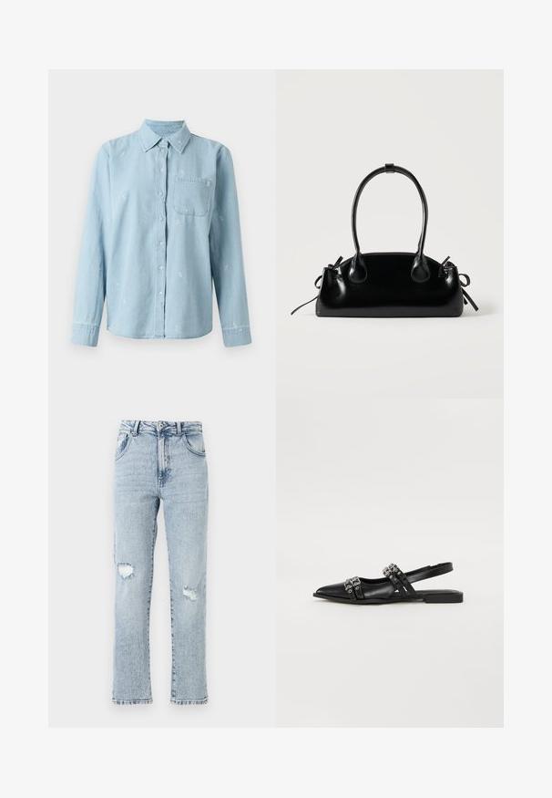 Lys blå denimskjorte med lange ærmer, knaplukning foran og brystlomme. Fint hvidt blomstermotiv broderet over stoffet.; Lysblå denimjeans med en afslappet pasform, der har to knærevner, fem lommer og en frynset kant. Knap- og lynlåslukning.; Even&Odd by Zalando Slingback-ballerinasko - black; Lille sort blank håndtaske med to lange håndtag og snøre-detaljer i siden på en ensfarvet lys baggrund.