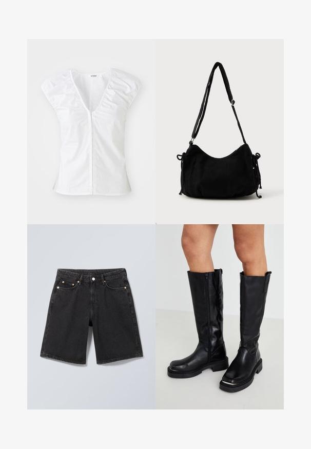 Haut blanc à manches courtes avec un décolleté en V profond, des détails froncés aux épaules et une couture centrale. Fabriqué en tissu lisse avec une silhouette ajustée.; Short en denim noir avec bouton à l'avant, passants pour ceinture et design à cinq poches, présenté sur un fond gris neutre.; Bottes en cuir noires montantes avec une fermeture éclair latérale, semelle en caoutchouc épaisse et finition texturée, dotées d'un design minimaliste.; Sac à épaule en velours côtelé noir avec une forme courbée, bandoulière réglable et fermetures à cordon des deux côtés pour un ajustement de taille.