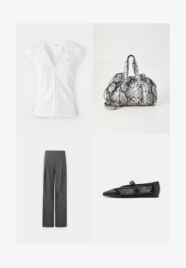 Haut blanc à manches courtes avec un décolleté en V profond, des détails froncés aux épaules et une couture centrale. Fabriqué en tissu lisse avec une silhouette ajustée.; Pantalon large taille haute gris foncé avec plis à l'avant s'étendant de la taille jusqu'au milieu de la cuisse sur un fond neutre.; Chaussure plate noire avec un bout pointu, panneaux latéraux en maille et une sangle avec une boucle décorative. Fini lisse sur les sections du bout et du talon.; Sac à main en motif peau de serpent noir et blanc avec deux poignées, une fermeture à cordon et une bandoulière amovible. Texture lisse.