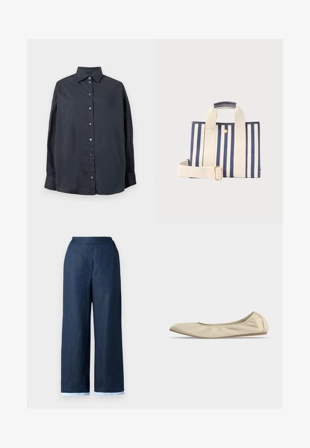 Schwarzes Langarmhemd mit Knopfverschluss, Kragen und Manschetten, flach auf einem weißen Hintergrund ausgelegt.; Navyweite Hosen aus Leinen mit elastischem Bund und kontrastierendem hellblauem Saum. Glatte Textur.; Beiger weicher Ledertalier mit abgerundeter Spitze, niedrigem seitlichen Profil und schlanker Gummisohle auf schlichtem weißem Hintergrund.; Kleine Tragetasche mit vertikalen marineblauen und weißen Streifen, breitem cremefarbenem Schultergurt und kurzen Griffen mit dunklem Besatz.