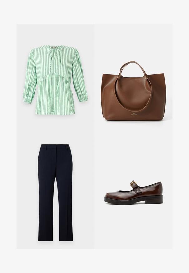 Groene en witte gestreepte blouse, lichte stof, ronde halslijn met strikdetail, lange mouwen met elastische manchetten, gerimpeld bij de taille.; Navyblauwe op maat gemaakte broeken met een rechte snit, gemaakt van gladde stof. Voorzien van riemlussen, zijzakken en een strakke tailleband.; Donkerbruine Mary Jane-schoen met glanzende afwerking, afgeronde neus, lage blokhak en gouden gesp over de wreef.; Bruine leren tote bag met een gladde textuur, grote ronde handvatten, met een minimalistisch design en een logo dat aan de basis is geperst.