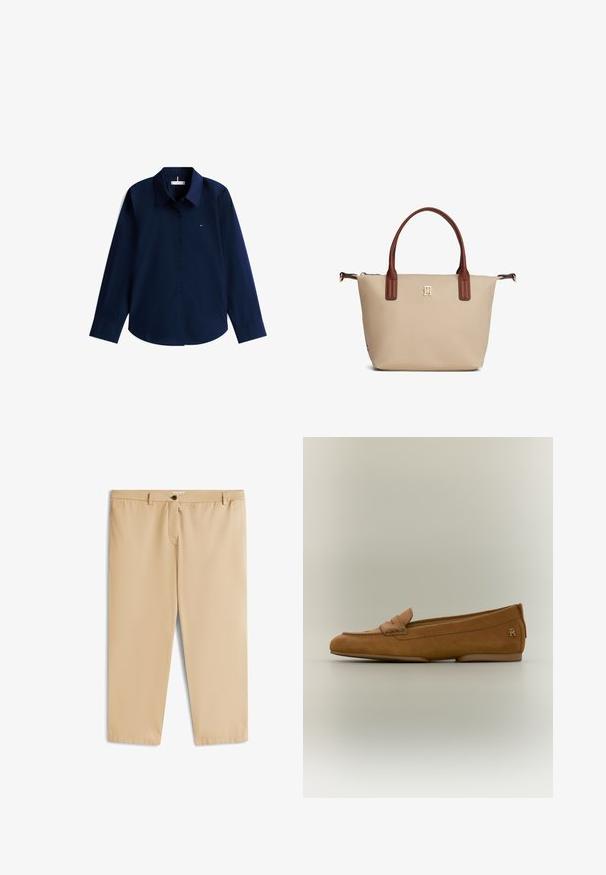 Chemise bleu marine à manches longues avec boutons, col et petit logo brodé sur la poitrine gauche.; Pantalon beige mi-long jusqu'aux genoux, avec une taille plate, une fermeture à boutons et des passants pour ceinture. Tissu lisse et design simple sans motifs visibles.; Mocassin femme en daim marron avec un détail de bride cousue et un petit logo métallique au talon, présenté sur un fond neutre.; Sac fourre-tout beige avec poignées marron, petit logo doré centré sous les poignées, et fermeture éclair en haut.