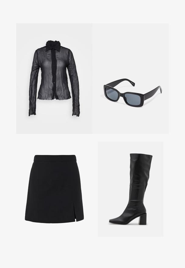 Weekday CRINKLE FITTED SHIRT - Blusa - black; Minifalda negra línea A con cintura alta y una pequeña abertura en el lado delantero derecho.; RAID BLICK - Botas - black; Gafas de sol rectangulares negras con lentes oscuros, montura de plástico grueso y patillas anchas. Superficie lisa y diseño anguloso.