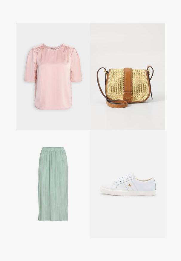ONLY ONLESTA - Bluse - rose smoke; Lysegrøn plisseret midinederdel med elastisk talje, lige pasform og let stof.; Lauren Ralph Lauren JANSON II ACTION LEATHER SNEAKER - Sneakers - real white; Tan læder og vævet strå crossbody taske med klap, guld hardware og justerbar rem. Har en logo plade på fronten.