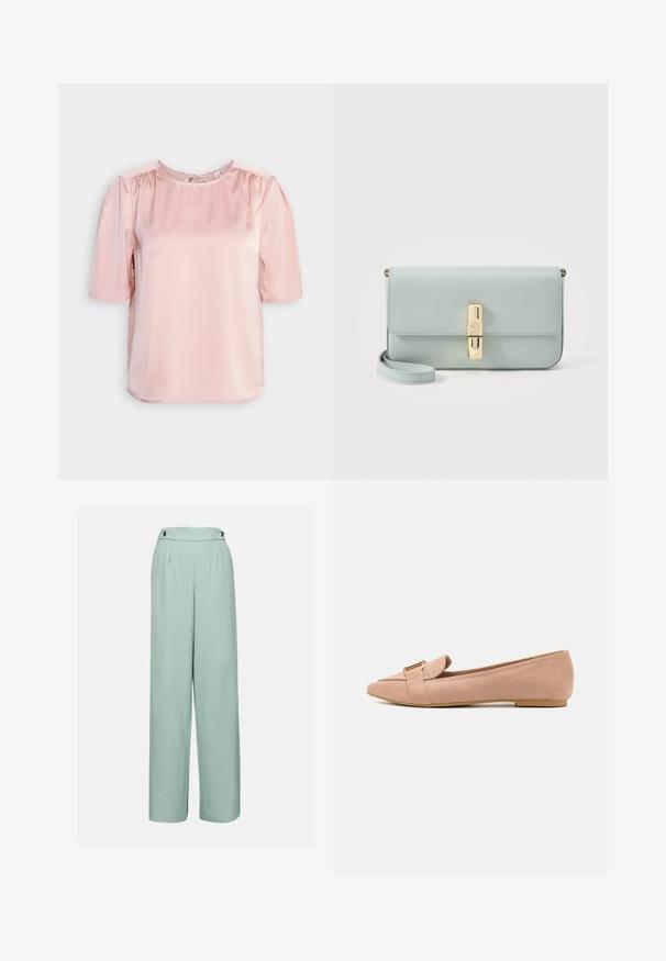 ONLY ONLESTA - Blouse - rose smoke; Lichtgroene wijde broek van soepel materiaal, met een hoge taille, plooien en decoratieve knopen op de tailleband.; Lichtroze suède ballerina's met een spitse neus, voorzien van een omslagdetail en een goudkleurige gesp als accent. Lage, platte zool. Gladde textuur.; Lichtblauwe leren clutch met goudkleurige rechthoekige sluiting en afneembare polsband op een witte achtergrond.