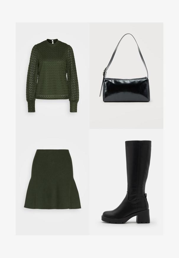 ONLY ONLNICE HIGHNECK - Μπλούζα - duffel bag; ONLY ONLNEW DALLAS SKIRT - Μίνι φούστα - duffel bag; Even&Odd by Zalando Μπότες πλατφόρμα - black; Μαύρη ορθογώνια τσάντα ώμου με έναν ρυθμιζόμενο ιμάντα και κλείσιμο με φερμουάρ στην κορυφή σε μονόχρωμο φόντο.