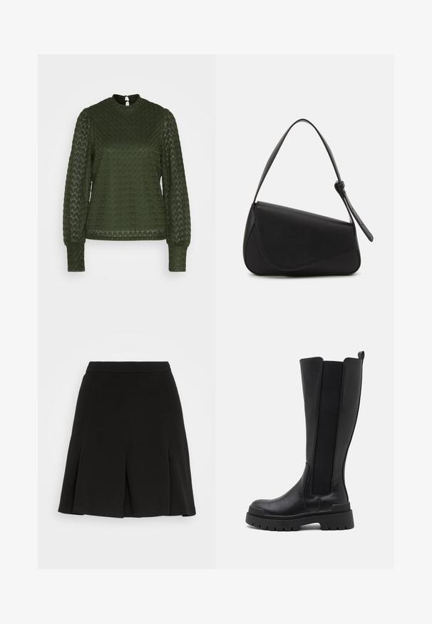 ONLY ONLNICE HIGHNECK - Bluse - duffel bag; Even&Odd by Zalando Minirock - black; Even&Odd by Zalando Plateaustiefel - black; Schwarze Lederhandtasche mit dreieckiger Form, schrägem Klappdeckel und rundem Oberhandgriff. Verfügt über eine glatte Textur und minimalistische Designdetails.