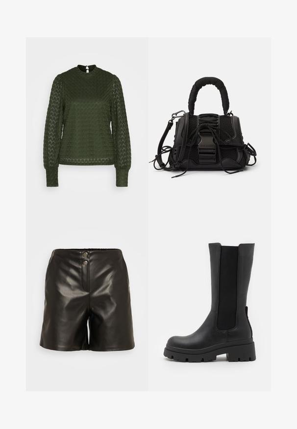 ONLY ONLNICE HIGHNECK - Bluse - duffel bag; ONLY ONLELVIRA - Shorts - black; ONLY SHOES ONLDOJA - Plateaustøvler - black; Sort håndtaske med en netlignende overflade, vævet håndtag og dekorativ snøring. Indeholder aftagelig rem og kontrasterende metaldele.