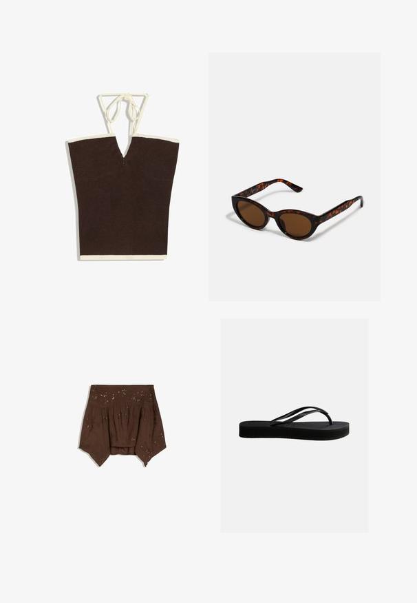 Donkerbruin gebreid mouwloos topje met crème rand en dunne crème halternekbandjes gestrikt in een strik.; Bruine off-shoulder top met asymmetrische zoom, geplooide stof en subtiele bloemenversieringen met pailletten.; Zwarte rubberen teenslipper met gestructureerd zool en Y-vormige band, zijaanzicht op een effen lichte achtergrond.; Bruine schildpad zonnebril met een vintage cat-eye vorm en bruine lenzen. Heeft gebogen armen met rode accenten.