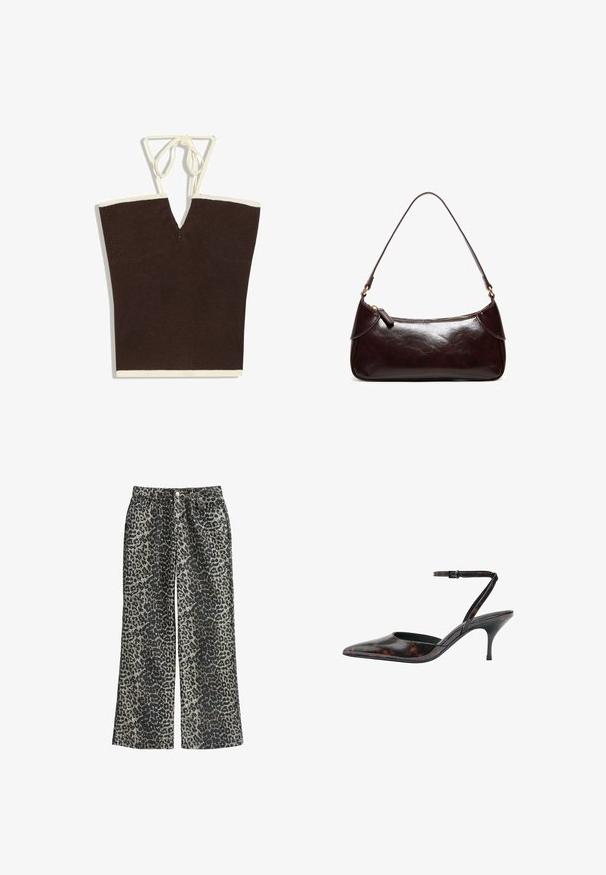 Donkerbruin gebreid mouwloos topje met crème rand en dunne crème halternekbandjes gestrikt in een strik.; Leopardprint wijde broek van zachte stof, met een hoge taille, vijf zakken en metalen knoopsluiting.; Bruine slingback pumps met puntschoen, dunne enkelriem en kittenheel met schildpadschildpatroon.; Donkerbruine leren schoudertas met een enkele band en ritssluiting, rechthoekige vorm met afgeronde hoeken op een witte achtergrond.
