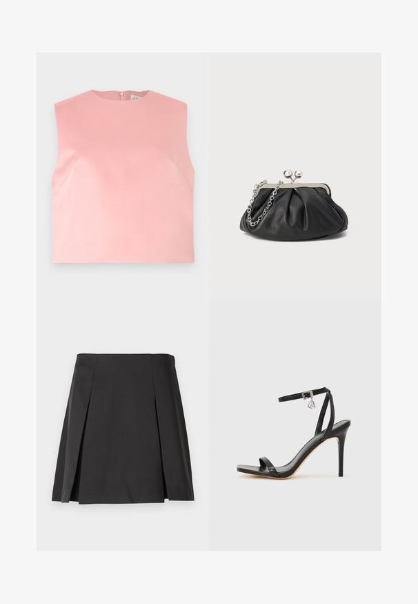 Top sin mangas de mujer en rosa pastel sólido con cuello redondo y cierre de cremallera en la espalda, mostrado plano sobre un fondo blanco.; Falda negra con pliegues, de textura suave, forma entallada y cintura recta. Diseñada sin cierre para lograr un siluete limpio.; Sandalia de tacón alto negra con una estrecha correa en el tobillo, punta cuadrada, material de cuero liso y detalle de hebilla metálica.; Clutch de cuero negro con textura arrugada, marco de metal en tono plateado, cierre de beso y cadena para colgar. Superficie suave y lisa.