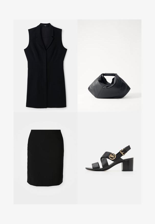 Robe blazer sans manches noire avec une coupe ajustée, dotée d'un col cranté et d'une fermeture frontale unique. Tissu lisse et design minimaliste.; Jupe crayon noire avec une texture lisse, de forme droite, et un ourlet à hauteur des genoux. Aucun motif ni détail matériel visible.; Sandale en cuir noir avec des lanières croisées et un logo rond MK. Le talon carré est de hauteur moyenne, offrant à la fois stabilité et un design élégant.; Sac en cuir noir avec un extérieur texturé, une forme froissée unique et une courte poignée. Dispose d'un seul compartiment principal.