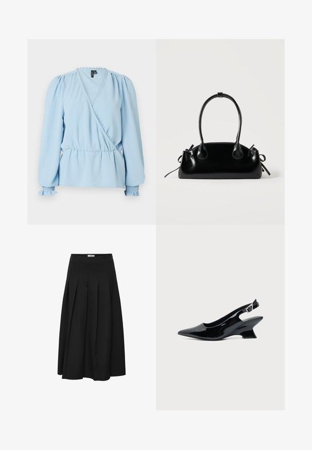 Hellblaue Wickelbluse mit langen Puffärmeln, gerafftem Ausschnitt und tailliertem Bund. Mit elastischen Bündchen und weichem, strukturiertem Stoff.; Schwarzer plissierter Midirock aus glattem Stoff. Verfügt über eine hohe Taille und eine fließende Silhouette mit sorgfältig genähten Falten.; Schwarzer Slingback-Schuh aus Lackleder mit spitzer Spitze und niedrigem, schrägem Blockabsatz auf einfachem hellem Hintergrund.; Kleine schwarze glänzende Handtasche mit zwei langen Griffen und seitlichen Kordelzug-Details vor einfachem hellem Hintergrund.