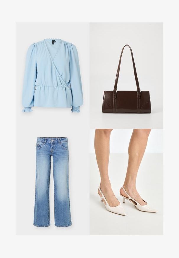 Blouse portefeuille bleu clair avec manches longues bouffantes, col à volants et taille froncée. Comprend des poignets smockés et un tissu doux et texturé.; Jean en denim bleu clair avec une jambe légèrement évasée, style cinq poches, et une fermeture avant à boutons et zip.; Escarpins à talon slingback en cuir verni beige avec un bout pointu et un talon de 5 cm, présentant des côtés découpés et une fine bride à la cheville.; Sac à main en cuir verni marron de forme rectangulaire, avec deux longues poignées et des accents courbés subtils à l'avant.