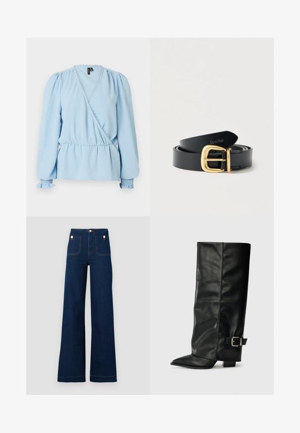 Hellblaue Wickelbluse mit langen Puffärmeln, gerafftem Ausschnitt und tailliertem Bund. Mit elastischen Bündchen und weichem, strukturiertem Stoff.; Dunkelblaue, weit geschnittene Jeans mit hoher Taille, goldenen Knopf-Akzenten, zwei Taschen vorne und hinten sowie kontrastierenden Nähdetails. Texturiertem Denim-Stoff.; Schwarze Lederstiefeletten in Knöchellänge mit spitzem Zehenbereich, glatter Oberfläche und silberner Schnallenakzent an der Seite. Massiver, quadratischer Absatz.; Schwarzer Ledergürtel mit einer goldfarbenen Metallschnalle, der eine glatte Textur aufweist und ein Markenlogo, das in das Leder geprägt ist.