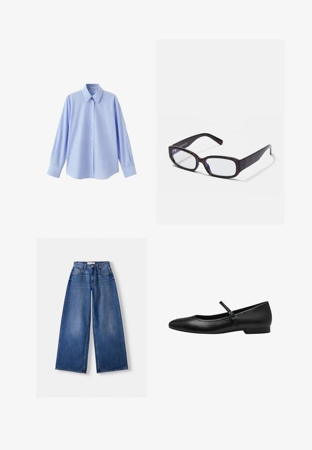 Lyseblå skjorte med lange ærmer med hvide lodrette striber og hvide knapper foran, med spids krave og knappede manchetter.; Bredbenet blå denimjeans med forlommer, bæltestropper og knaplukning, lagt fladt på en lys baggrund.; Sorte læder balletflade med rund tå, en enkelt rem over vristen og en lav, rektangulær hæl. Glat tekstur.; Brune skildpadde-rektangulære briller med klare linser og slanke arme, der viser en glat tekstur og minimalistisk design.