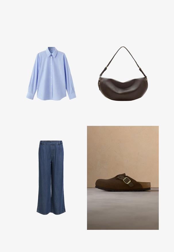 Chemise bleu clair à manches longues avec des rayures verticales blanches et des boutons blancs à l'avant, dotée d'un col pointu et de poignets boutonnés.; Pantalon en denim bleu foncé à jambe droite avec une taille élastique et des passants de ceinture, sans poches visibles, présenté sur un fond blanc.; Chaussure à enfiler en daim marron avec une sangle tressée et une boucle métallique, dotée d'une semelle intérieure moulée et d'une semelle extérieure en caoutchouc texturée.; Sac à bandoulière en cuir marron foncé avec une forme courbée, une sangle réglable et une fermeture éclair dorée le long du bord inférieur.